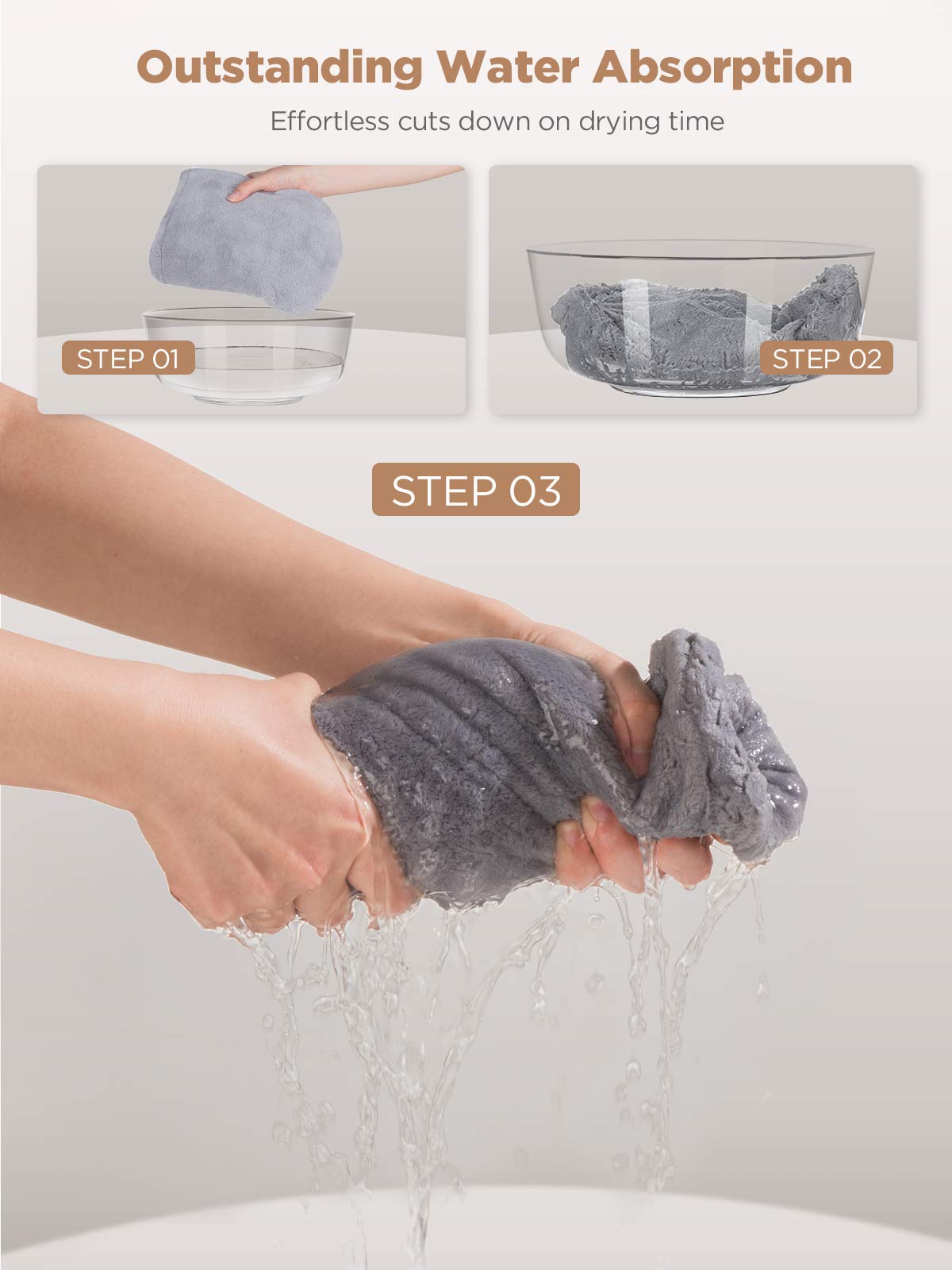 Hicober Microfiber Hair Towel, 3 Packs Hair Turbans for Wet Hair, Drying Hair Wrap Towels for Curly Hair Women Anti Frizz(Grey,B